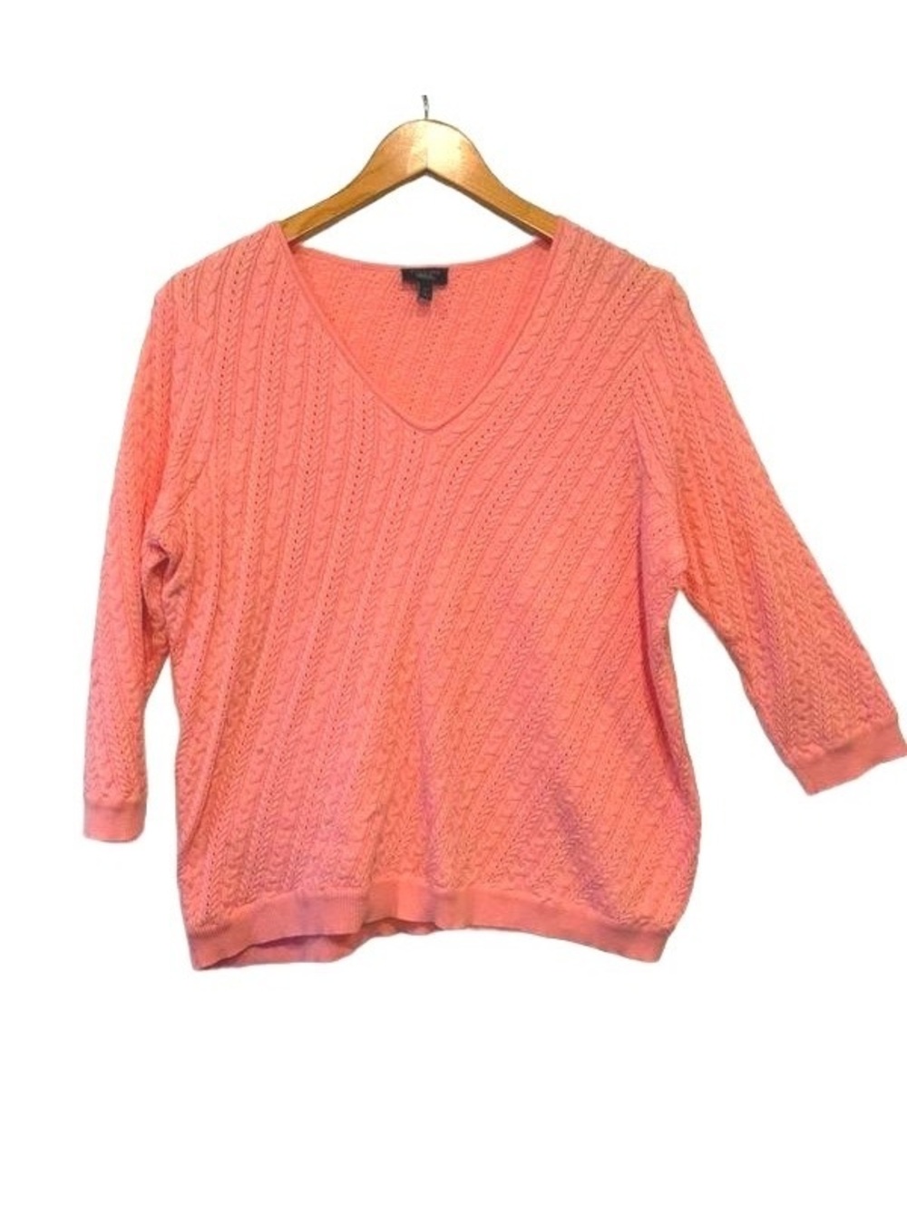Talbots Woman Petites 1X Coral Cable Knit V Neck Sweater 3/4 Sleeve